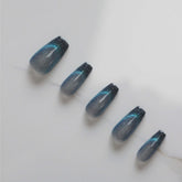 Vibeficant Progel Blue Cat Eye Ombre Handmade Gel Press on Nails Medium Coffin French Tip with Glitter